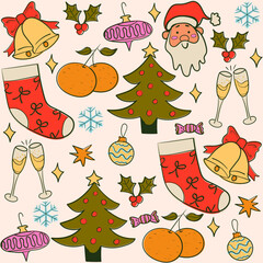 Christmas doodle colorful element seamless pattern. Hand drawn Christmas tree, toys, flute, Santa decoration symbol. Vector illustration.