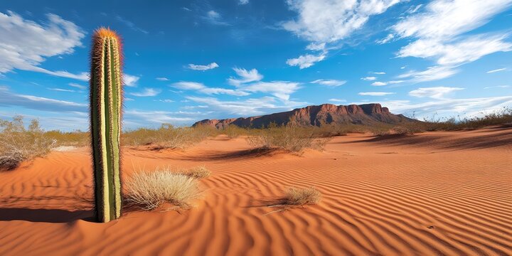 AI image Majestic desert landscape featuring a tall cactus under a vast blue sky with distant