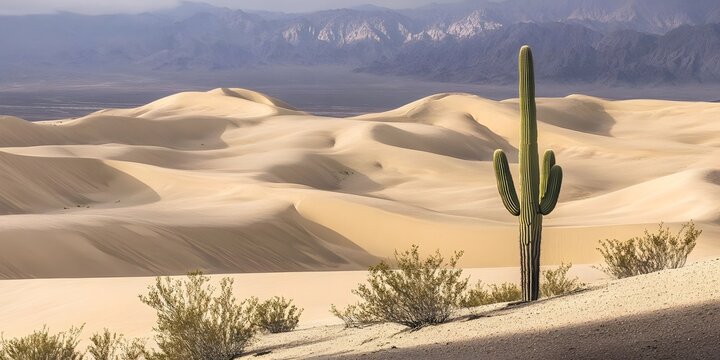 AI image: Majestic saguaro cactus in a vast desert landscape with rolling sand dunes and distant
