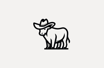 Cartoon bull wearing a cowboy hat stands on a flat surface, outlined