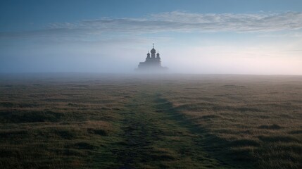 Mystical Castle in the Mist: A solitary castle silhouette emerges from a dense, atmospheric fog, casting an air of mystery and intrigue. The ancient structure stands majestically upon a grassy plain.