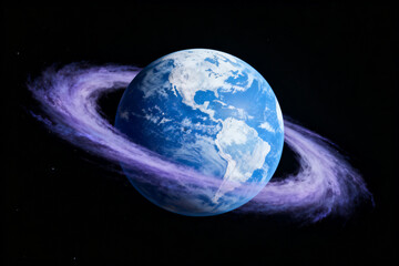 Earth with a purple ring system against a dark space background