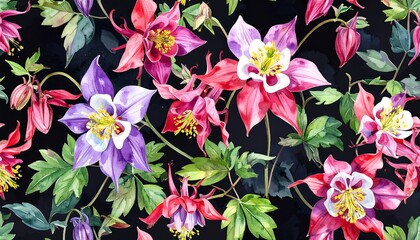 Watercolor floral pattern featuring vibrant columbine flowers in shades of red, purple, and white, on a dark background