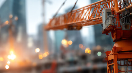 A close-up of a vibrant orange construction crane with a blurred city skyline in the background, highlighting urban development.