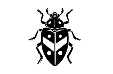 Black silhouette of beetle with white stripes, dots, and legs extended on white