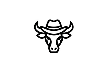 Stylized line art of a bull's head wearing a cowboy hat, isolated on white
