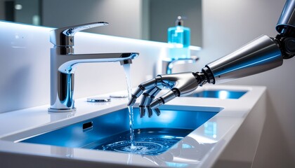 Futuristic integration of robotics in daily life, a mechanical arm touching flowing water in a modern, automated smart home bathroom