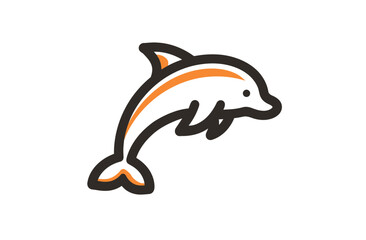 A cartoon-style dolphin leaps. It is outlined in black, with orange accent colors
