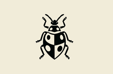 Graphic black vector ladybug on light background, wings divided in yin-yang pattern