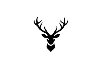 Stylized black silhouette of a deer head with prominent antlers on a white backdrop