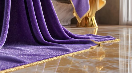 Luxurious Purple Glitter Fabric Drape with Gold Trim on Marble Floor