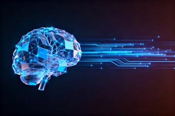 Digital brain with glowing neural network and circuitry lines extending from it, symbolizing artificial intelligence and brain-computer interface technology.