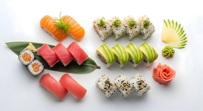 A vibrant assortment of fresh sushi and sashimi arranged artfully on a white surface, showcasing salmon, tuna, avocado, and ginger.
