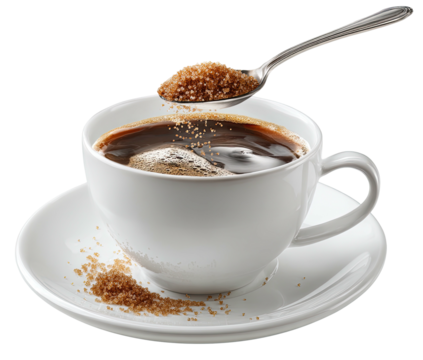 Brown sugar being added to a cup of coffee