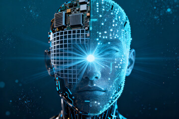 Digital human head with circuitry and glowing blue grid, representing artificial intelligence and advanced technology