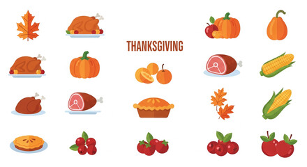 Collection of Thanksgiving food icons: turkey, pumpkin, pie, cranberry, corn, ham, apple, maple leaf.  Illustrative style, perfect for holiday themes and recipes