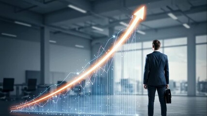 Businessman walking toward and interacting with a glowing financial growth chart depicting success and progress in an office setting, footage - Powered by Adobe