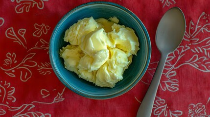Delicious Creamy Vanilla Ice Cream in Teal Bowl
