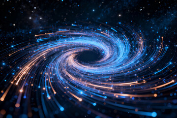 Spiral galaxy with glowing cosmic trails and starry background