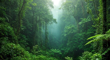 Fototapeta premium Lush Green Rainforest Misty Morning Tranquil Tropical Jungle Scene