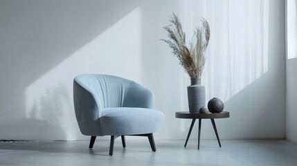 elegant designer chair and coffee table in minimal studio background, clean product photography style, cinematic 16:9