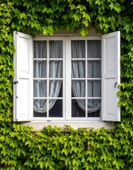 White window with open shutters, framed by lush green ivy