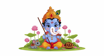 Fototapeta premium Cute hindu deity ganesha with mouse and lotus