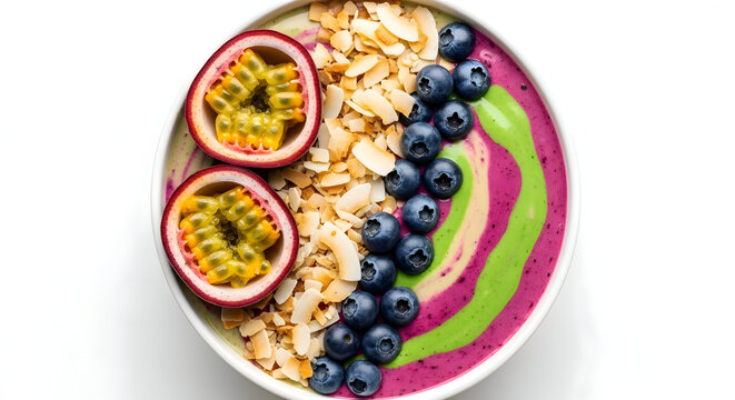 A vibrant smoothie bowl topped with fresh blueberries, passion fruit halves, and crunchy granola, presented on a clean white background.
