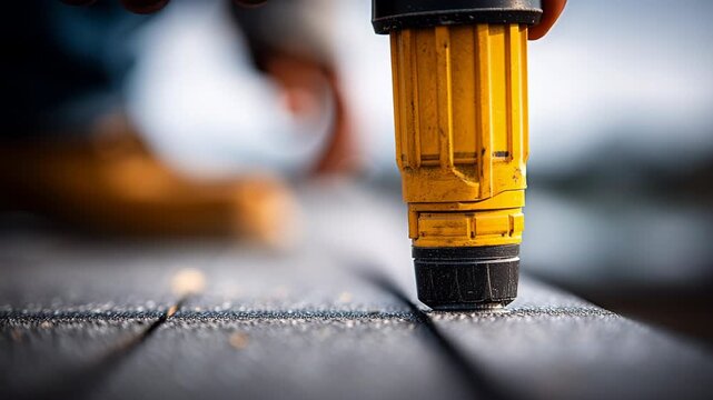 Power tool construction hand worker yellow closeup outdoor renovation with drill screw equipment, wood repair, professional modern focus building