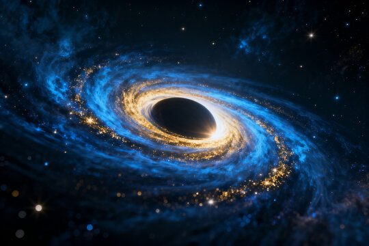 Artistic depiction of a black hole with swirling accretion disk in deep space