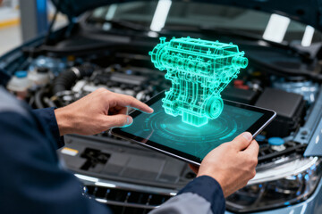 Mechanic using tablet with holographic engine projection over car engine