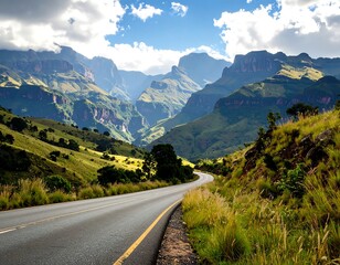 Winding road through a mountainous valley, sunlit slopes and dramatic peaks