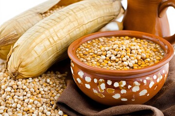 Delicious Cooked Job's Tears in Clay Bowl with Dried Stalks