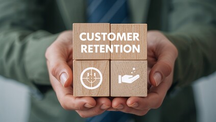 Man holding colorful blocks with icons and inscription: CUSTOMER RETENTION. Concept of customer acquisition and retention business marketing. Incentive and welfare program