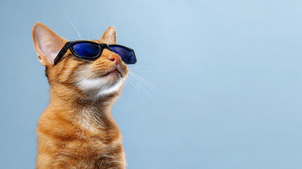  Playful ginger cat wearing sunglasses, showcasing detailed fur under soft directional lighting. wildlife magazines, conservation campaigns, designed for nature documentaries and education.