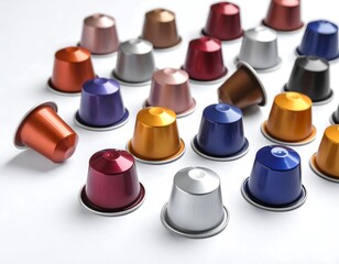 Colorful coffee pods arranged on a white surface