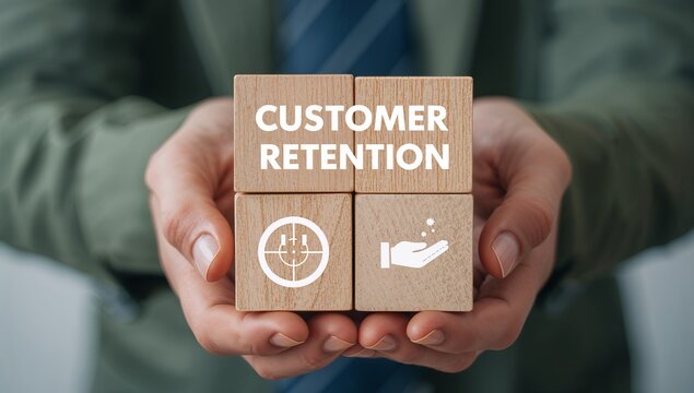 Man holding colorful blocks with icons and inscription: CUSTOMER RETENTION. Concept of customer acquisition and retention business marketing. Incentive and welfare program