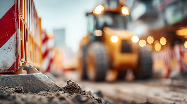 A construction site scene featuring heavy machinery and safety barriers, highlighting the busy world of industrial development.