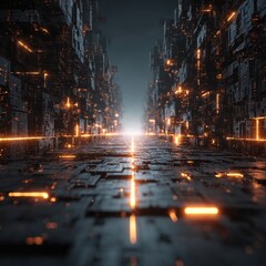 Cyberpunk alleyway with glowing lights and futuristic architecture, creating a dense, atmospheric scene of urban technology.