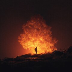Silhouette standing before an illuminated tree, basking in the orange glow of nature's radiant spectacle on a dark, rocky landscape.
