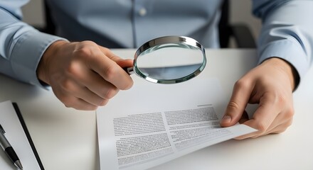 professional examining document with magnifying glass