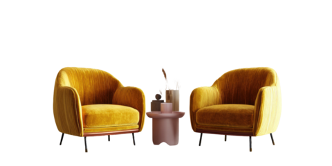 Two mustard yellow velvet armchairs, a small pink round table, and subtle d?cor, in a minimalist setting