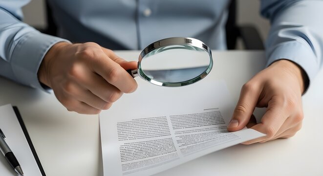 professional examining document with magnifying glass - Powered by Adobe