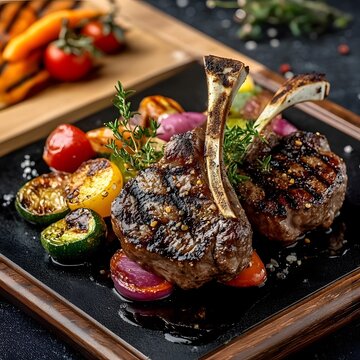 AI image: Exquisite Grilled Lamb Chops with Roasted Vegetables on Slate Plate, Fine Dining