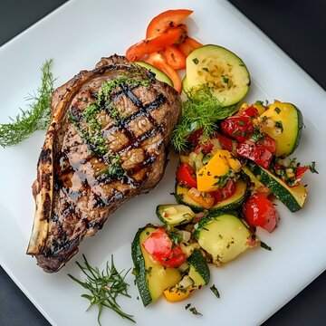 AI image: Grilled Bone-In Ribeye Steak with fresh Vegetable Medley on a White Plate