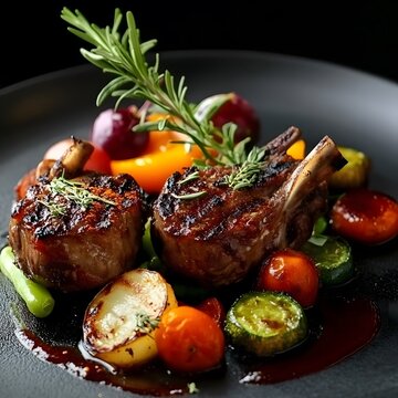 AI image. Grilled Lamb Chops with Roasted Vegetables on Dark Plate Gourmet Presentation Delicious