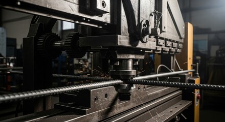 Industrial Press Brake Machine Bending a Steel Rebar Rod.