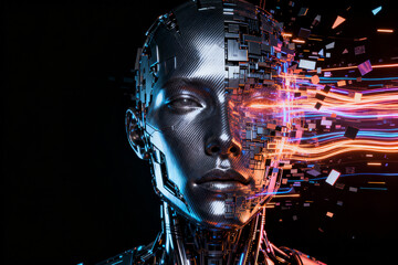 Cybernetic human head with digital data streams and glowing circuitry
