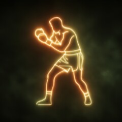 Boxer in neon outline stands ready to fight. Striking art style with dark background. Captivating visualization of combat sports.