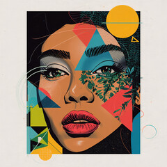 Woman's Portrait with Geometric and Botanical Overlays
